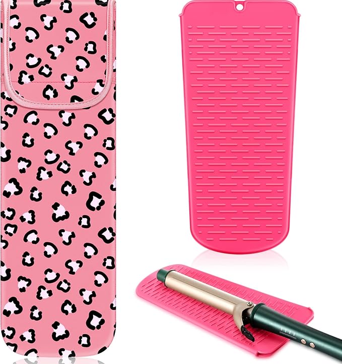 Shappy 2 Pcs Heat Resistant Hair Tools Bag Curling Iron Travel Case Cover Neoprene Flat Iron Holder Travel Case and Silicone Mat Pouch for Hot Hair Tools Storage Organizer(Leopard Style)