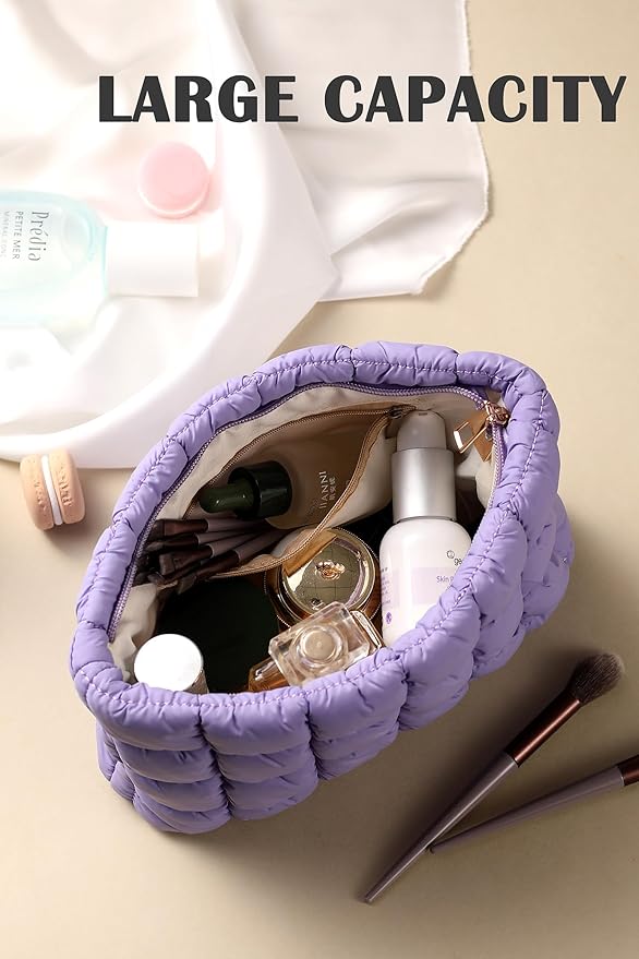 HFLZBRO Puffy Quilted Makeup Bag for Women, Cosmetic Bag, Travel Toiletry Organizer Pouch Clutch (purple)