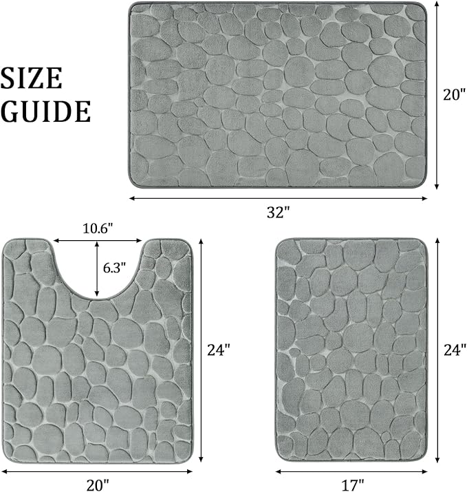 YIHOUSE Bathroom Rugs Mat Set, Memory Foam Bath Mat 3 Piece Gray