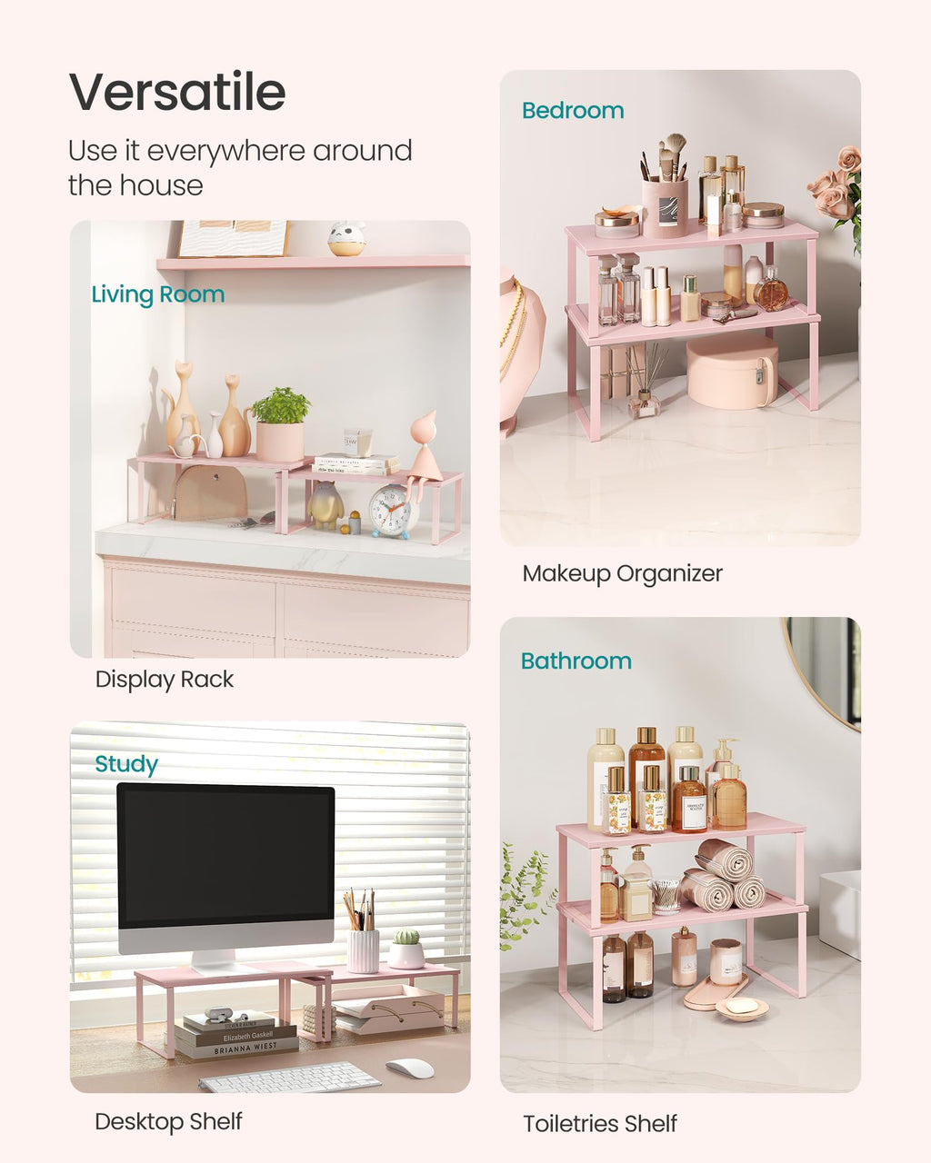 SONGMICS Cabinet Organizer Shelf, Set of 2 Kitchen Counter Shelves, Kitchen Storage, Spice Rack, Stackable, Expandable, Metal and Engineered Wood, 15.6 Inches, Jelly Pink UKCS025S01