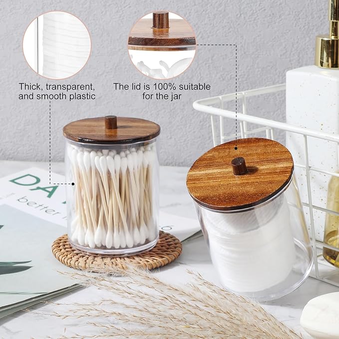 2 Pack Qtip Holder Dispenser with Wood Lids - 10 oz Clear Plastic Apothecary Jar Containers for Vanity Makeup Organizer Storage - Bathroom Accessories Set for Cotton Swab,Pads, Ball, Floss