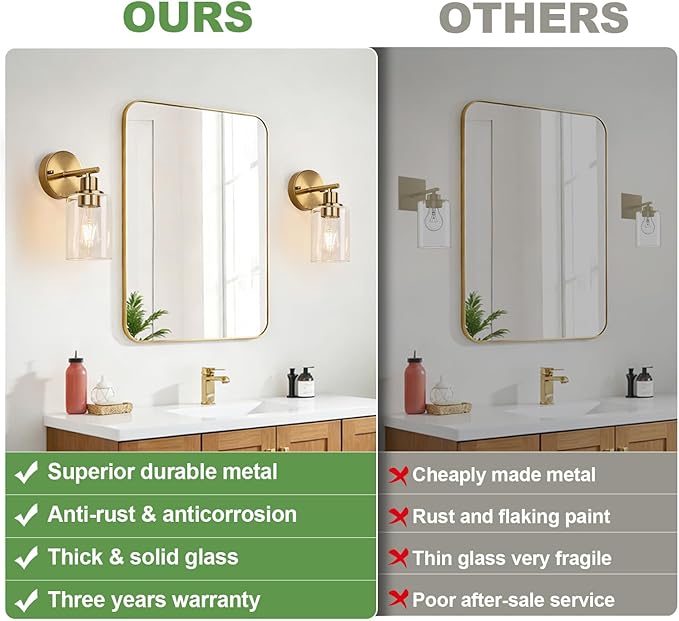 Zarbitta Set of 2 Wall Sconces for Bathroom, Brushed Gold Modern Vanity Lights with Clear Glass Shade,Bathroom Wall Lamp for Mirror Kitchen Living Room Hallway Cabinet Porch