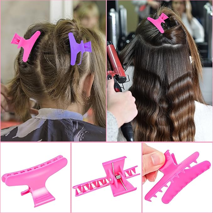 BAHABY Hair Clips for Styling Sectioning 12 Pack Hot Pink Purple Butterfly Clamps Hair Claw Clips Pro Salon Hair Clips for Styling, Sectioning, Cutting and Coloring
