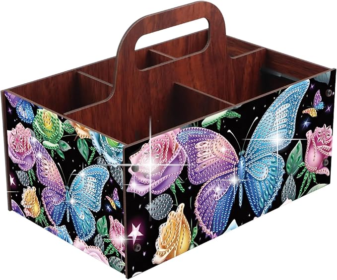 JZHYOAN DIY Flower Diamond Art Wooden Multi-Compartment Organiser Box with Handle Diamond Painting Cosmetic Storage Box for Adult Portable Wooden Storage Case for Storing Desktop Items