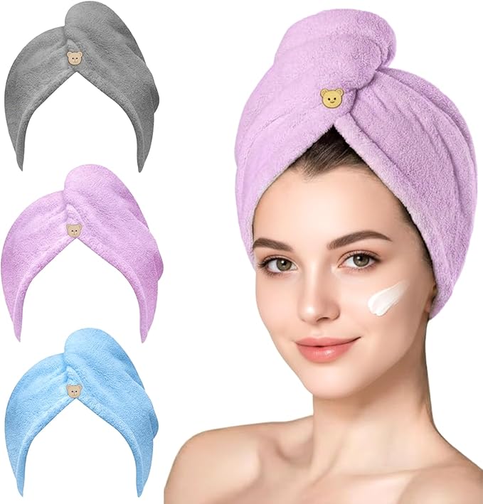 3 Pack Microfiber Hair Towel Wrap for Women, Fast Drying Hair Turban with Button, Anti-Frizz Large Hair Towel for All Hair Styles, Soft & Absorbent Hair Drying Towel
