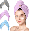 3 Pack Microfiber Hair Towel Wrap for Women, Fast Drying Hair Turban with Button, Anti-Frizz Large Hair Towel for All Hair Styles, Soft & Absorbent Hair Drying Towel