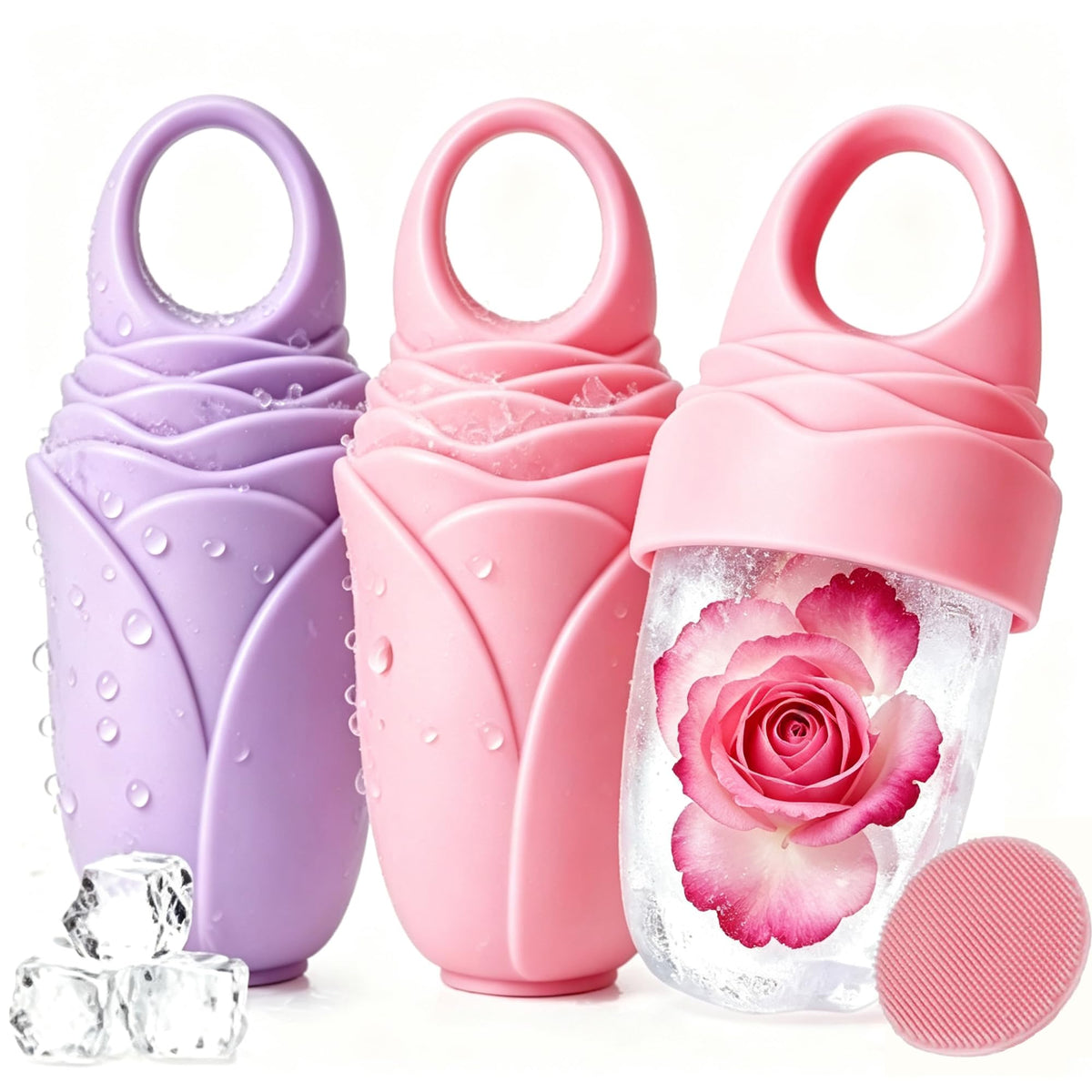 Mabnuby Ice Roller for Face and Eye, Reusable Silicone Facial Ice Roller, Ice Face Mold for Reducing Puffiness, Ice Cube Roller Skin Care Tool with Cleansing Brush for Women & Men, Pink 2 + Purple 1