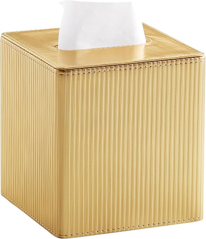 Gold Tissue Box Cover Square with Magnetic Closure, PU Leather Tissue Box Holder for Bathroom NightStands Livingroom, Decorative Modern Square Tissue Holder (Gold)