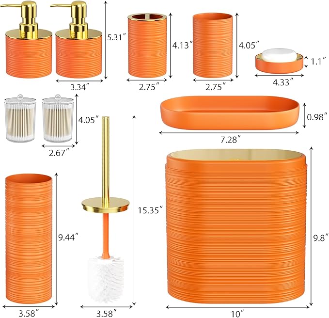 InnJoey Bathroom Set, 10PC Bathroom Accessory Set, Orange Bathroom Accessories, Orange and Gold Bathroom Set with Trash Can, Soap Dispensers