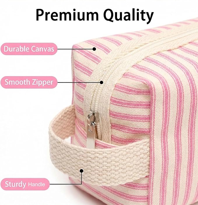 Beayuva 3 Pcs Canvas Makeup Bag Set Cosmetic Pouch for Women Travel Toiletry Bag Cute Makeup Organizer Purse Pouch Preppy Pencil Case with Zipper (Pink Pinstripes)