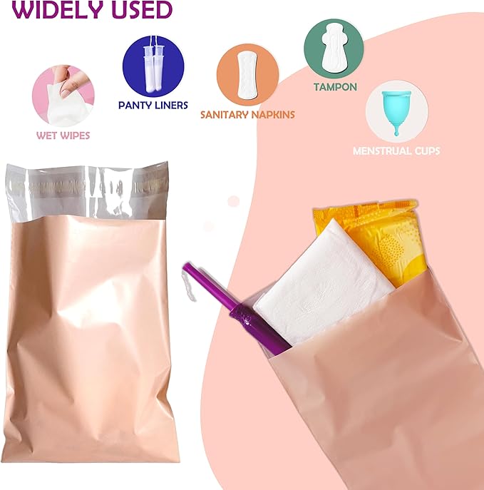 Disposable Sanitary Bags, 100 Pcs, Pink, Self-sealing, Odor-proof, Rectangular, Plastic, 10" x 6" Bags for Feminine Hygiene, Personal Waste, or Pet Waste