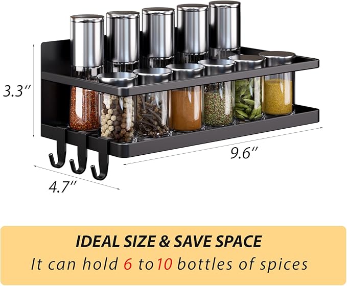 KMUZAWN Magnetic Spice Rack for Refrigerator, 2 Pack Magnetic Shelf, Fridge Magnet Organizer with Moveable 6 Hooks, Magnetic Fridge Shelf for Kitchen Organization and Storage(Black, 2 Pack)