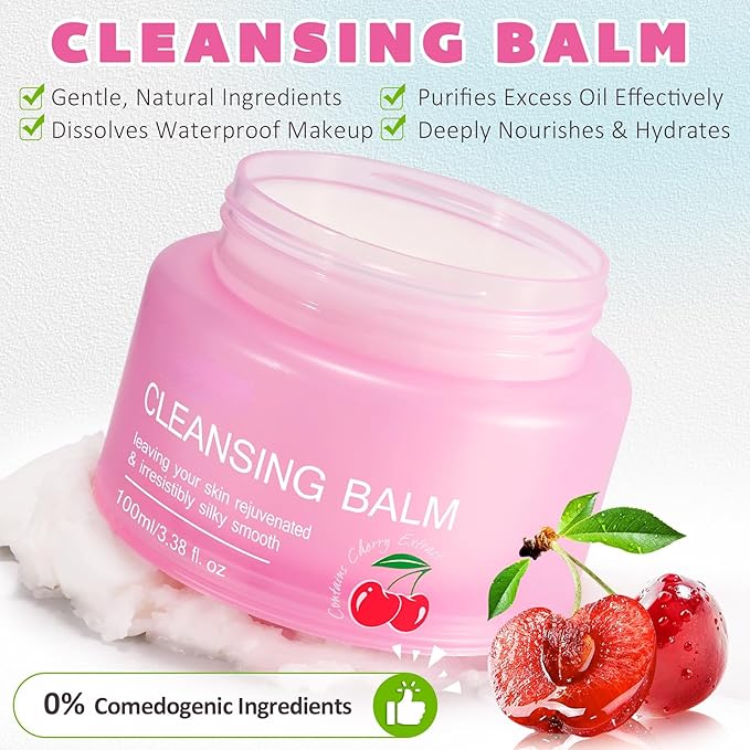 XIAMOFUZHOU Cleansing Balm Makeup Remover - 3.38 Oz Cherry Scented Moisturizing Hydrating Deep Nourishing Travel-friendly Smooth Face Cleanser Makeup Remover Clear Cleansing Balm for All Skin Types