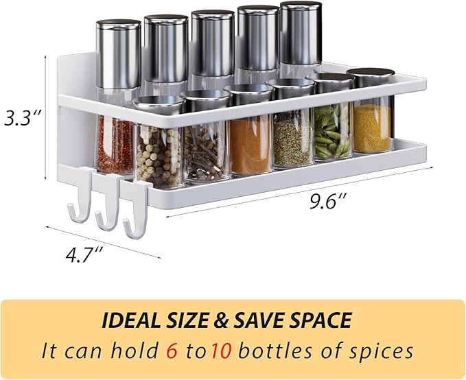 KMUZAWN Magnetic Spice Rack for Refrigerator, 2 Pack Magnetic Shelf, Fridge Magnet Organizer with Moveable 6 Hooks, Magnetic Fridge Shelf for Kitchen Organization and Storage(White, 2 Pack)