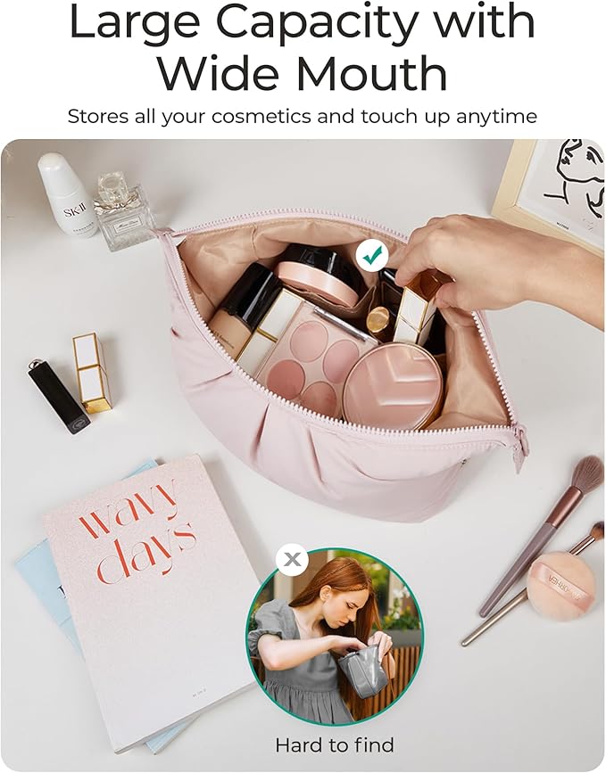 BAGSMART Makeup Bag Travel Makeup Bag, Cute Make Up Bag, Large Capacity Cosmetic Bags for Women, Wide-open Makeup Pouch Travel Essentials Toiletries Accessories Brushes (Camel)