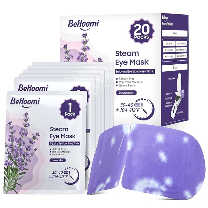 BeHoomi 20 Packs Steam Eye Mask, Heated Eye Mask Warm Compress for Eyes, Disposable Self Heating Steam Mask for Home, Sleep, Spa, Travel Essentials & Relaxation Gifts for Women (Lavender)
