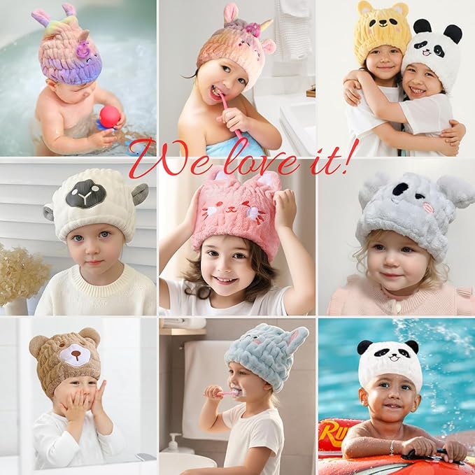 LCBD Microfiber Hair Towel Wrap for Kids, Yellow Bear Dry Hair Cap Suck Water, Absorbent Quick Girls Boys Hair Drying Towel, Lightweight Bouncy Hat Headscarf