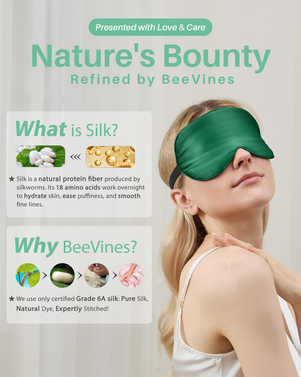 BeeVines 100% Real Mulberry Silk 2 Pack Sleep Mask, Pure Silk Eye Masks with Adjustable Strap for Sleeping, Block Light Eye Shade Cover, Reduces Puffy Eyes Traveling Gifts(Black & Green)