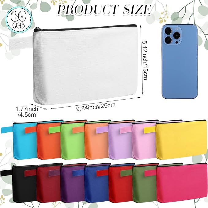 Reginary 60 Pcs Multicolor Canvas Makeup Bag Bulk Portable Travel Cosmetic Pouch Versatile Blank Toiletry Bag with Zipper for Women DIY Craft Purse Pencil Case (9.8 x 5 x 2 Inch)