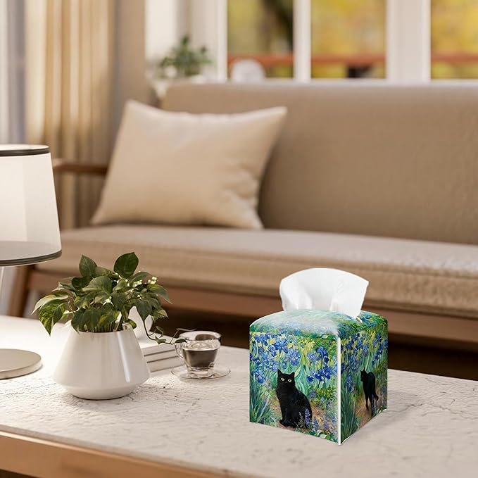 Black Cat & Blue Flowers Design Tissue Box Cover - Vintage PU Leather Waterproof Tissue Holder - Facial Paper Organizer for Home Bathroom Office - Desk Decorative Dispenser Box-B03