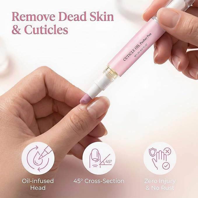 Rhostry Ceramic Cuticle Pusher & Nail Oil Pen, 2-in-1 Nail Care Tool for Sensitive or Damaged Nails, Gentle Hangnail Remover, Portable Nail Pen with Stainless Steel Cuticle Cleaner (Pink)