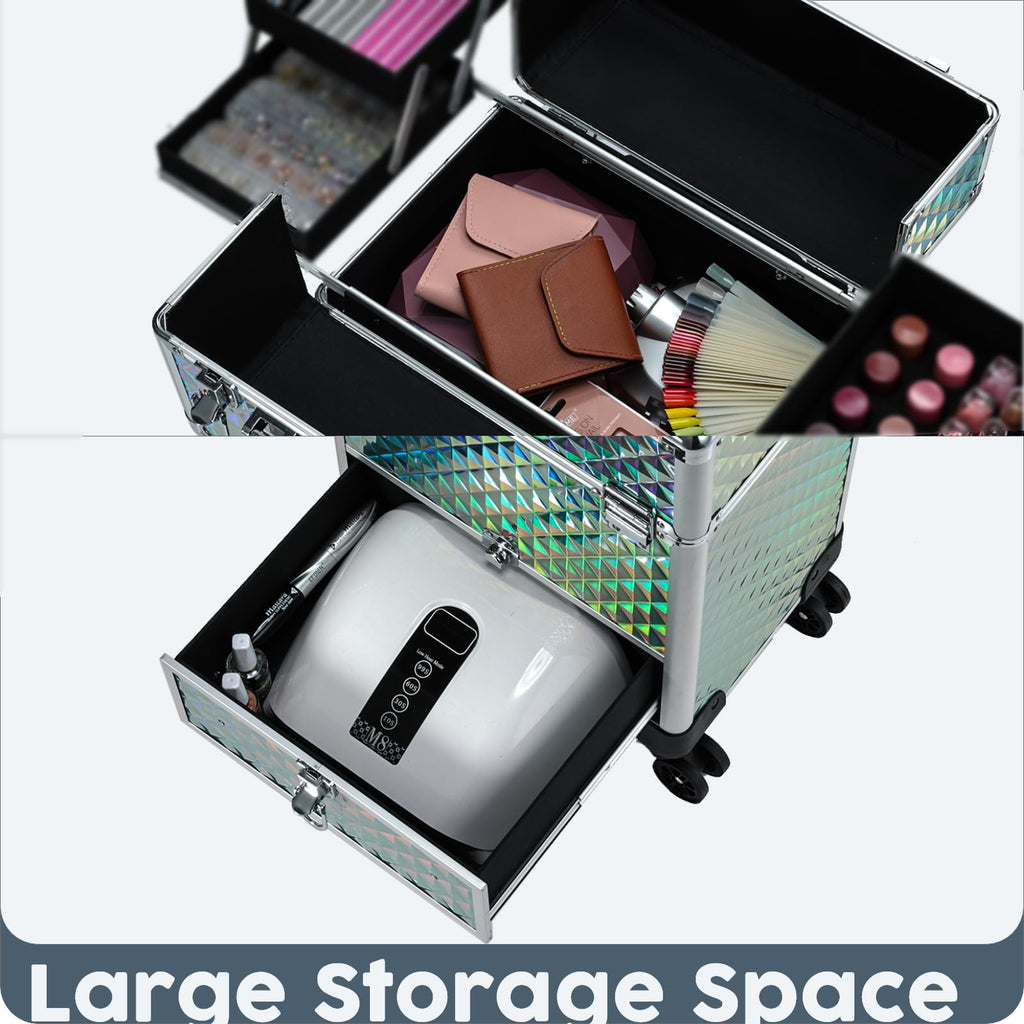 Hododou Blue Rolling Makeup Case with Drawer Travel Trolley Cosmetology Case on Wheel Makeup Storage Salon Barber Case Traveling Cart Trunk for Cosmetologist Nail Tech Hairstylist