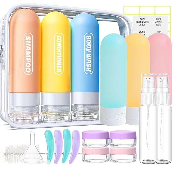 YNSHOUNA 20 Pack Travel Bottles Set, TSA Approved Travel Size Toiletries Containers, Leak Proof Shampoo and Conditioner Bottles, Refillable Travel Essentials Toiletry Bottles (Light Color)