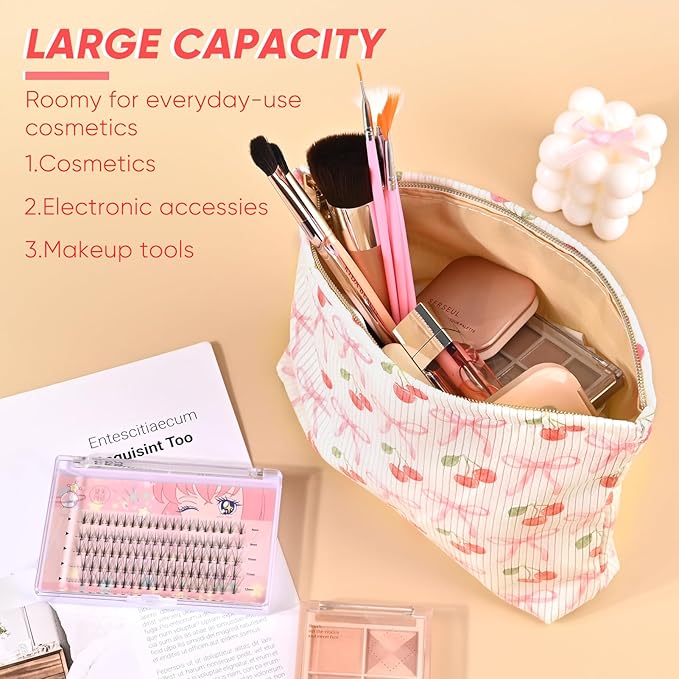 Ksriylm Cute Cherry Makeup Pouch for Women Small Make Up Bag for Purse Zipper Initial Makeup Cosmetic Bags Pouches for Purse Aesthetic Travel Toiletry Bags, Pink Cherries Bows