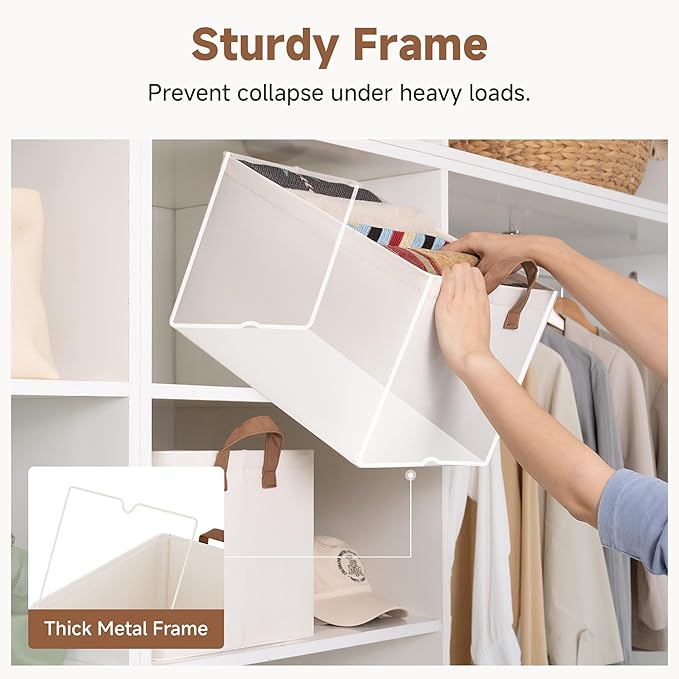 StorageWorks Fabric Storage Bins, Large Storage Baskets for Shelves, Closet Organizers and Storage Bins with Metal Frame, Handles, Natural Color, 4-Pack