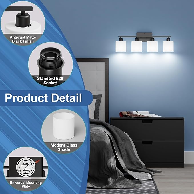 Dekang 24 Inches Black Vanity Lights for Bathroom E26 Base White Lampshape