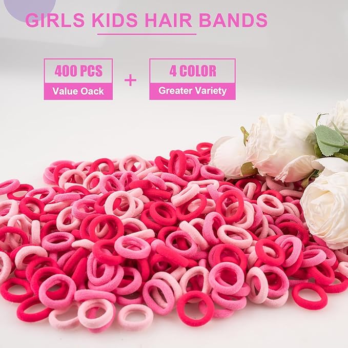 400 PCS Baby Hair Ties – No Damage Elastic Ponytail Holders, Soft Seamless Multicolor Hair Bands for Toddlers and Girls, Baby Hair Accessories (Mixed Pink)