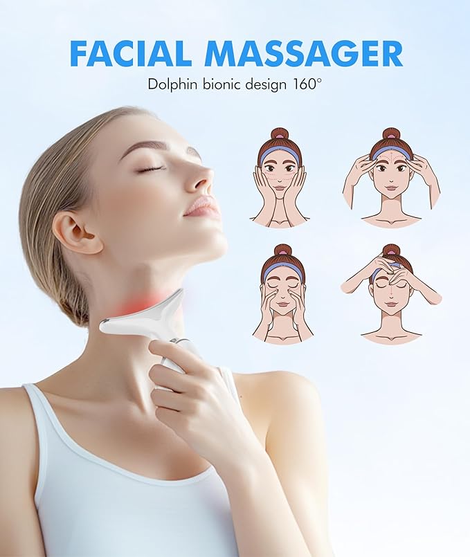 SDKWDH Red Light Therapy for Face and Neck, 7 Color Face Massager Tool for Wrinkles, Double Chin, Vibrating Facial Massager with Thermals for Skin Care, Gifts for Women Men, Glossy White