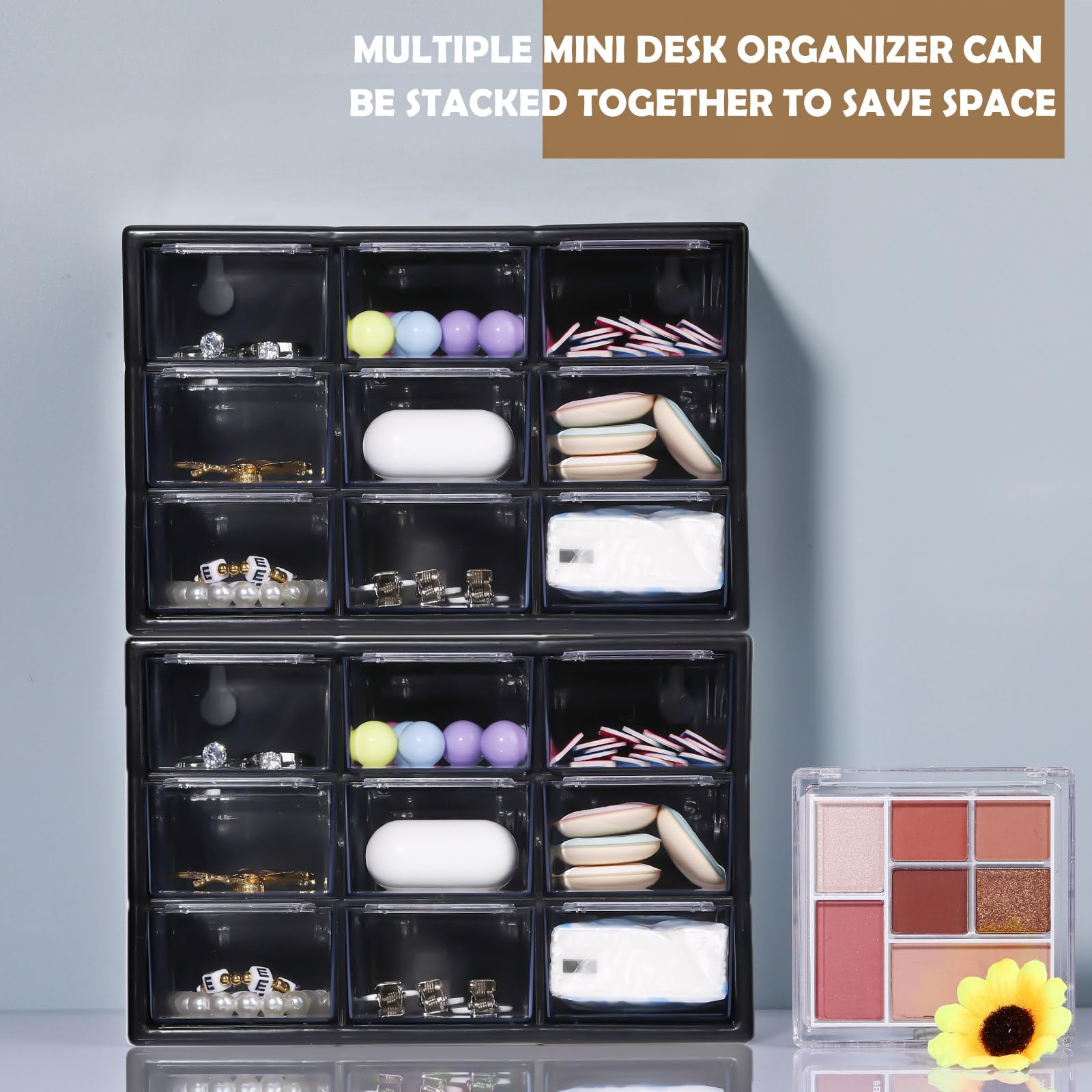 Amyhill 6 Pcs Mini Drawer Organizer Small Organizer with 9 Drawers Plastic Desktop Craft Storage Box for Office Home Room Jewelry Cosmetics Collection(Black)
