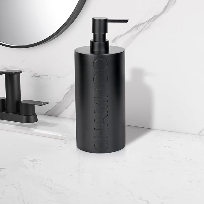 Indecor Home Matte Black Shampoo Dispenser Modern Refillable Pump Bottle with Embossed Text, Durable Resin Construction for Bathroom and Kitchen
