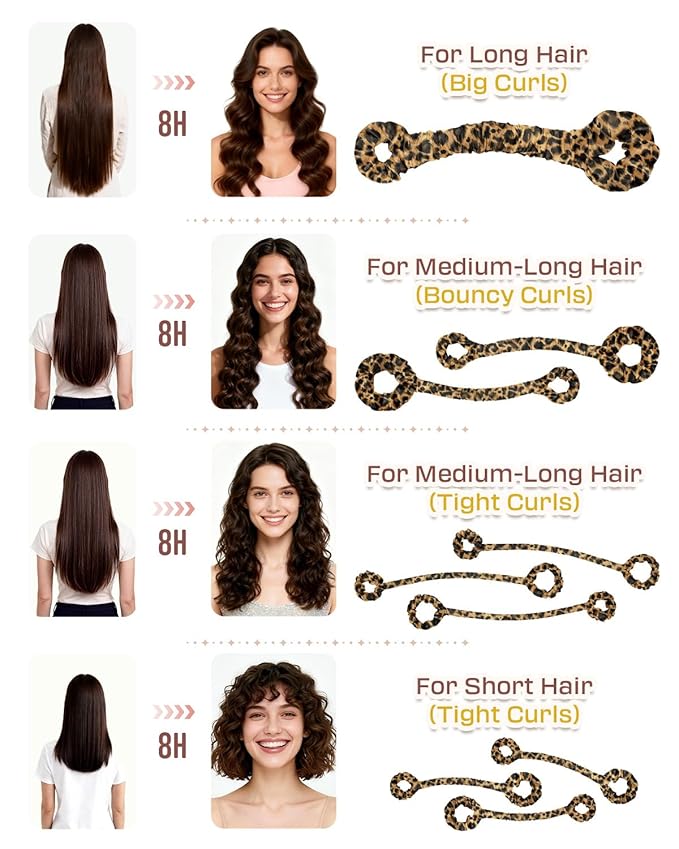 BONNET QUEEN 3 Pack Small Satin Heatless Hair Curler for Medium to Long Thick Hair, Heatless Curls Overnight, Hair Curlers to Sleep In, Damage-Free Small Curls with Built-in Scrunchie, Leopard