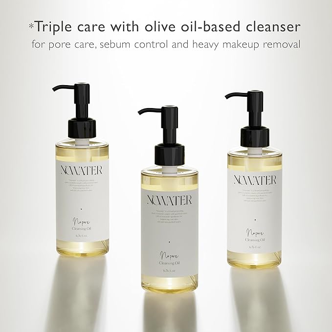 NOWATER Korean Cleansing Oil for Double Cleansing – Makeup Remover & Pore Cleanser with 30% Olive Oil, Tea Tree, Squalane, Blackhead Dissolving Facial Oil for All Skin Types, (6.76 fl.oz)