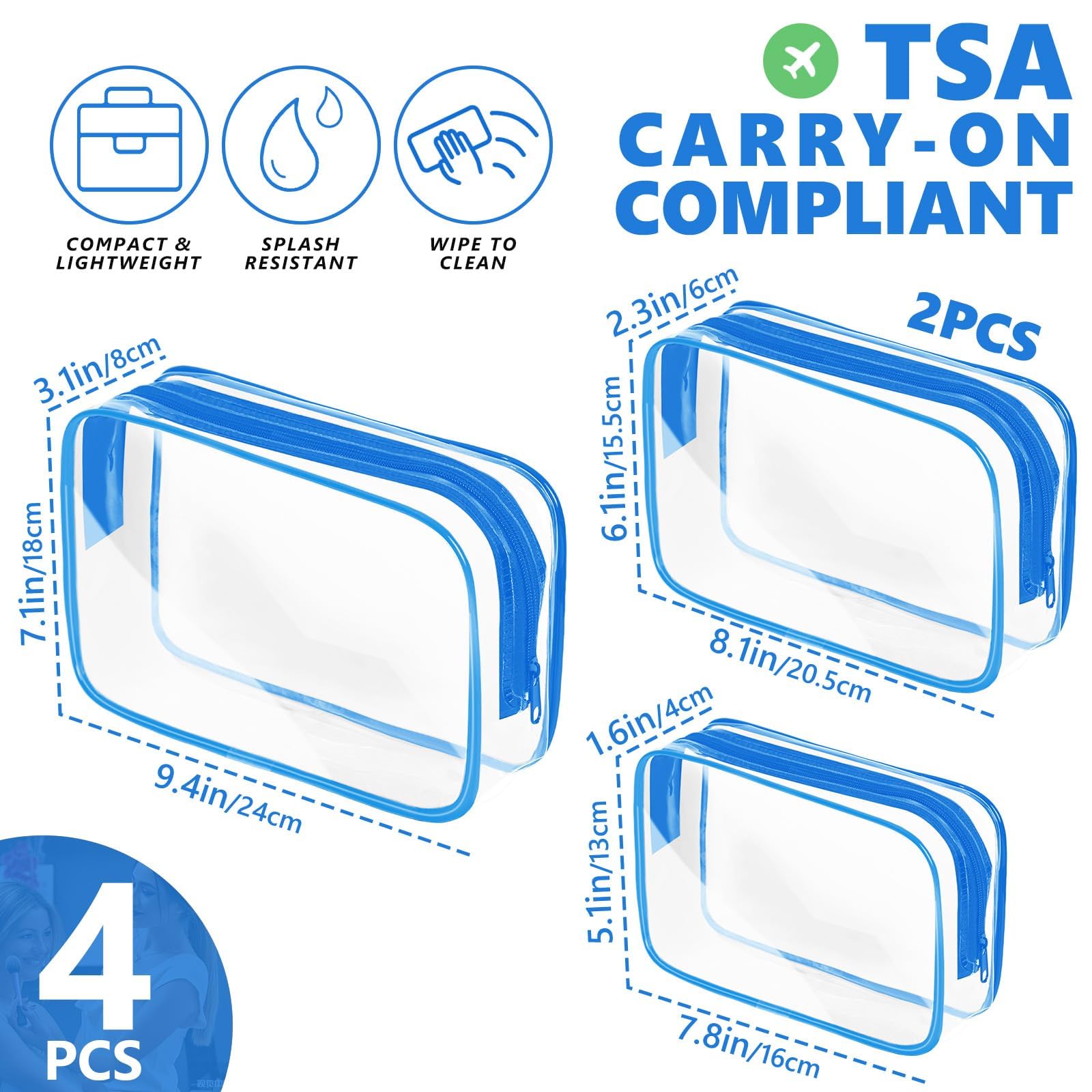 AURUZA Clear Makeup Bag,Portable Travel Toiletry Bags with Zipper, TSA Approved Clear Organizer Bags, PVC Cosmetic Pouch for Airport Airline Compliant (4 Packs Blue)
