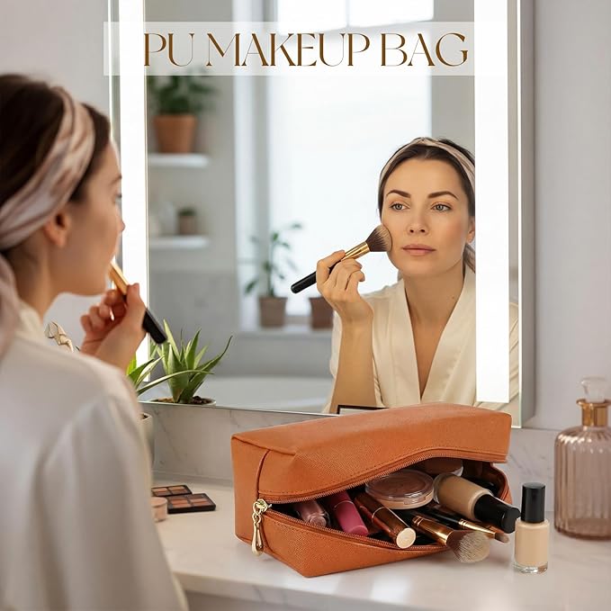 Kigeli Aesthetic Makeup Bags PU Leather Cosmetic Pouches Waterproof Plain Toiletry Bags Makeup Pouches Bulk for Women Party Gift Travel Storage Organizer(Orange Brown,7.1 x 2.8 x 4.3 in)