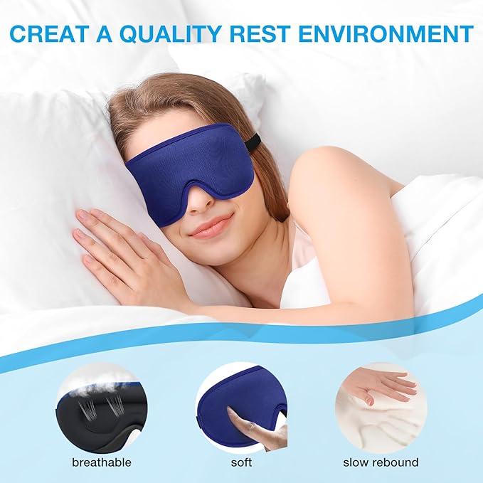 LYSIAN 3D Sleep Mask for Side Sleepers, Blackout Eye Mask with No Pressure on Eyes, Adjustable Comfortable Blindfold with 5 Pairs of Ear Plugs for Sleeping, Travel, Nap, Blue