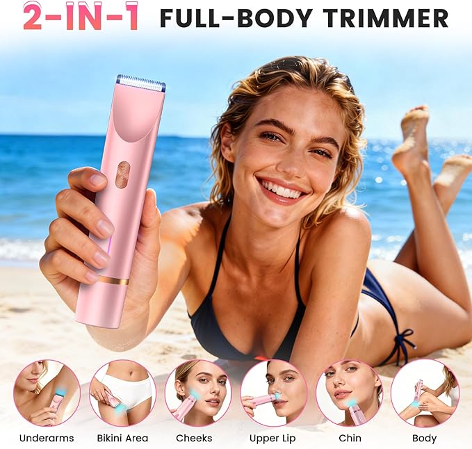 Bikini Trimmer for Women, Painless Electric Razor for Women with Dual Head, IPX7 Waterproof Pubic Body Hair Trimmer Electric Shaver for Legs/Arm/Underarm (Pink)