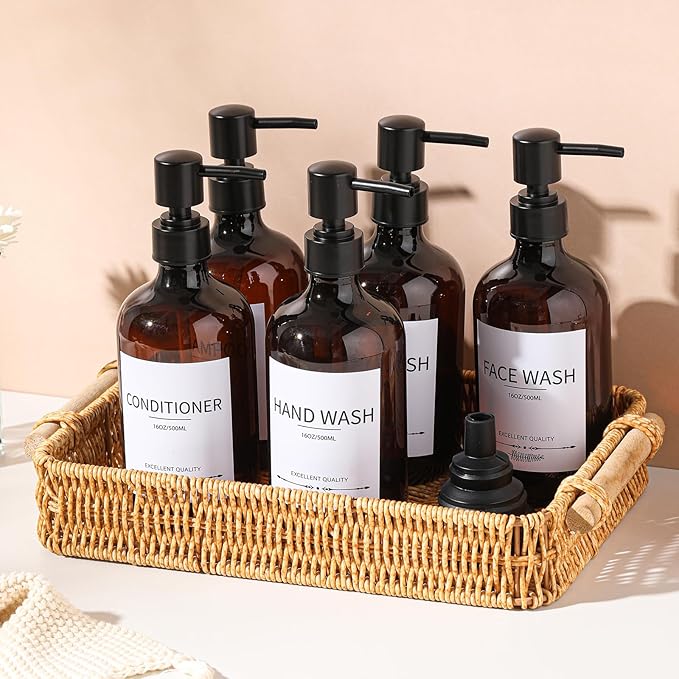 Mithrgrous Shampoo and Conditioner Bottles(5Pack),Shampoo Dispenser for Shower,Bottles Refillable with Pump,Bathroom Dispenser Sets(Amber)