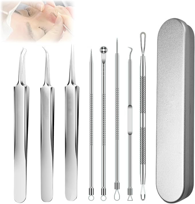 Usiveinborn Blackhead Remover Upgraded, Usiveinborn Blackhead Tweezers, Professional Upgraded Facial Blackhead Remover Tweezers, Blackhead Remover Tools Sets (A1-Silver-8pcs)