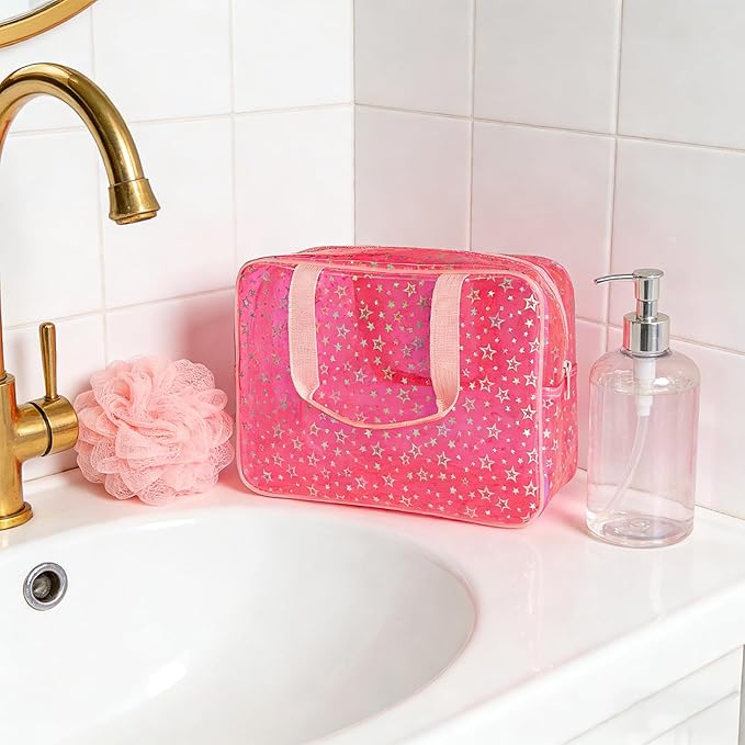 TotePrint Clear Star Large Cosmetic Bag and Travel Pouch with Handle,Durable Material,Zipper Design-Ideal for Makeup,Travel Essentials (Pink+Shiny Star)