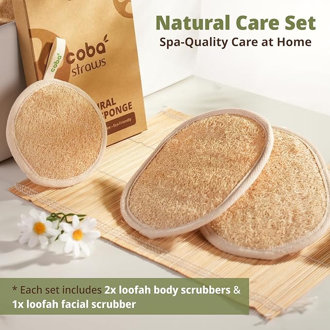 Coba Straws Natural Loofah Exfoliating Body & Facial Scrubber Set | 100% Plant-Based Shower Luffa Sponge for Deep Cleansing, Smooth & Glowing Skin | Bath Loofah for Women & Men