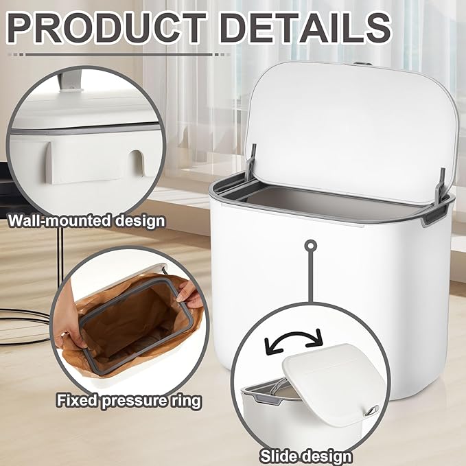 Tioncy 1 Pack Sanitary Napkin Disposal Receptacle with 50 Pcs Waxed Feminine Hygiene Bags Tampon and Pad Holder for Bathroom with Lid Kraft Paper Liner Bag Wall Hanging Trash Can Kitchen Compost Bin