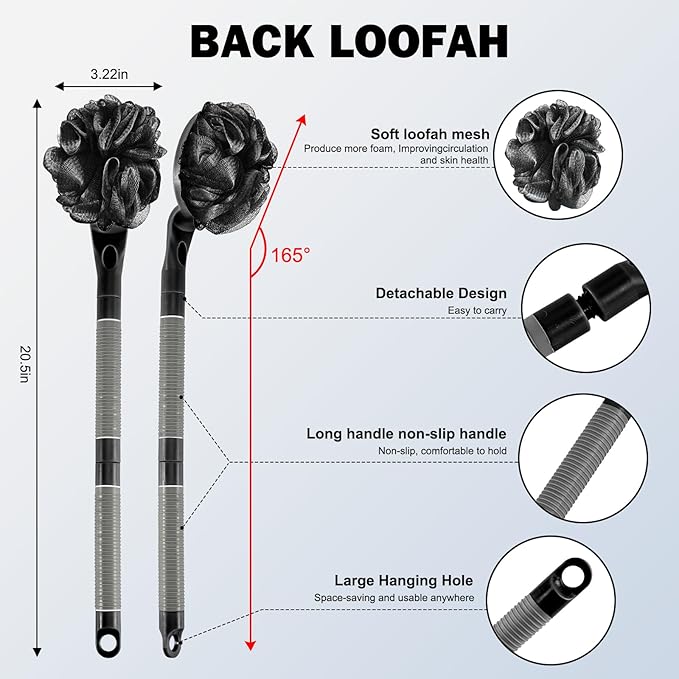 BTideas Loofah with Handle, 21.7” Detachable Loofah Back Scrubber, Back Loofah, Exfoliation and Improved Skin Health, Shower Loofah for Shower for Men Women（Black）
