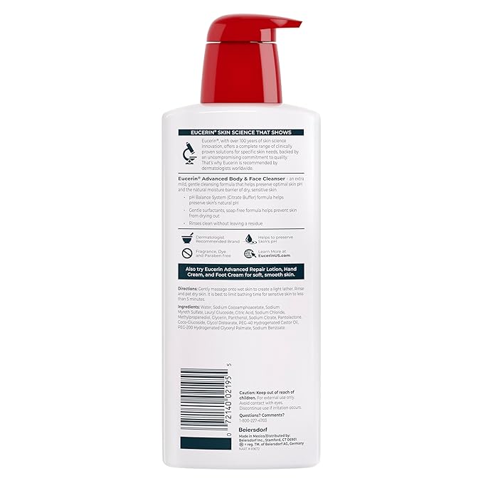 Eucerin Advanced Repair Cleansing Body and Face Cleanser, Gentle Face and Body Wash for Normal to Dry, Sensitive Skin, Soap Free and Unscented, 16.9 FL OZ Bottle