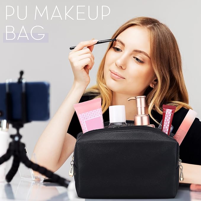 Kigeli Aesthetic Makeup Bags PU Leather Cosmetic Pouches Waterproof Plain Toiletry Bags Makeup Pouches Bulk for Women Party Gift Travel Storage Organizer(Black,7.1 x 2.8 x 4.3 in)