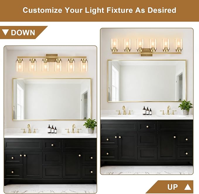 IZORRO Modern Bathroom Light Fixtures, 6 Light Gold Vanity Lights, Bathroom Lightig Fixtures Over Mirror with Clear Glass for Living Room Cabinet