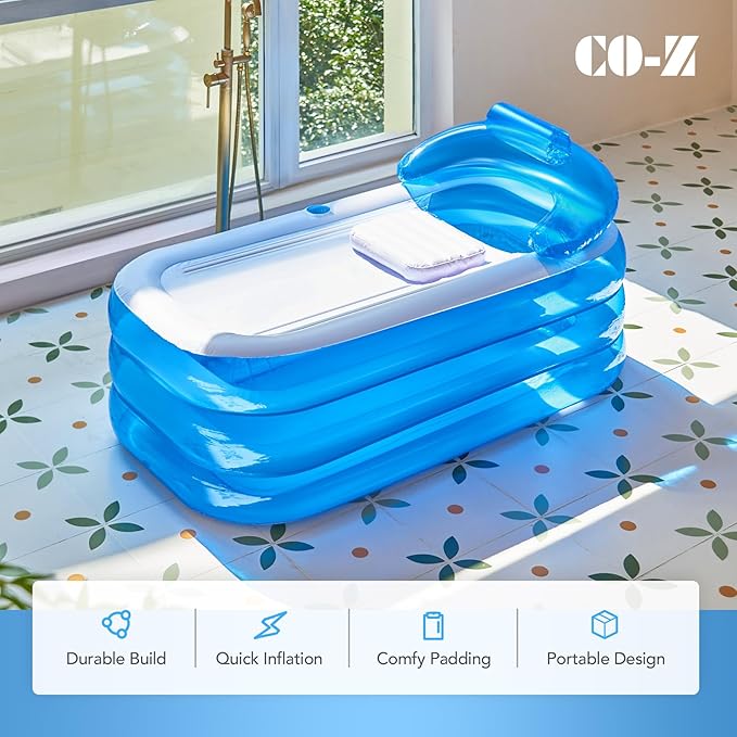 CO-Z Inflatable Bathtub with Electric Air Pump and Bath Pillow Headrest, Portable Blow Up Tub for Adults, Outdoor or Indoor Freestanding Foldable Spa Cover Drainage Hose Cup Holder